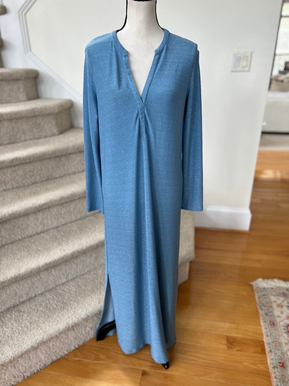 Caliban Light Blue Metallic Silver Sheen Long Sleeve Caftan Maxi Dress Resort